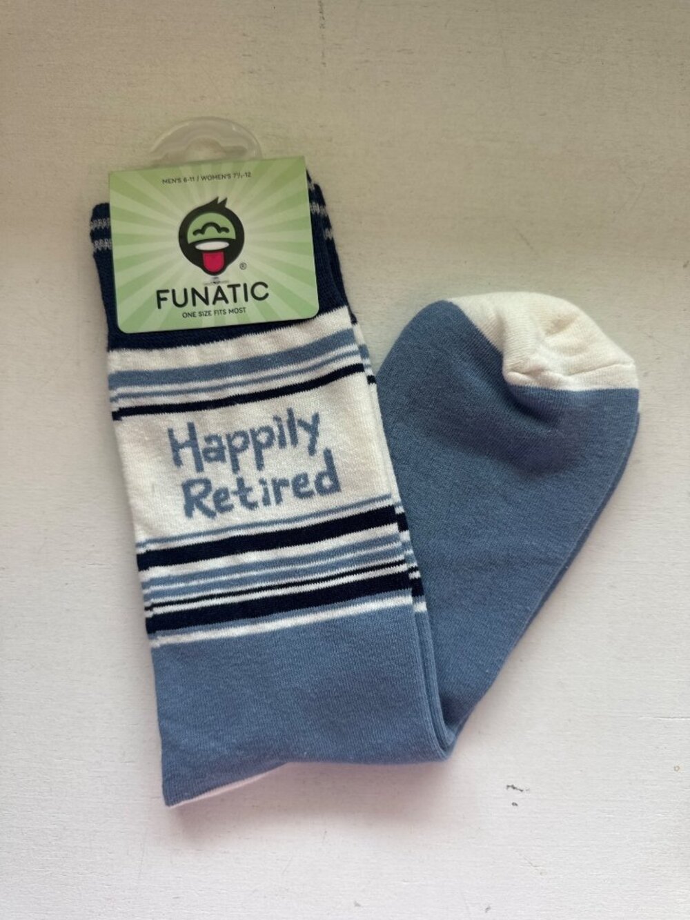 Funatic Adult Socks "Happily Retired" Novelty Blue/White Striped Fun Humor Gift